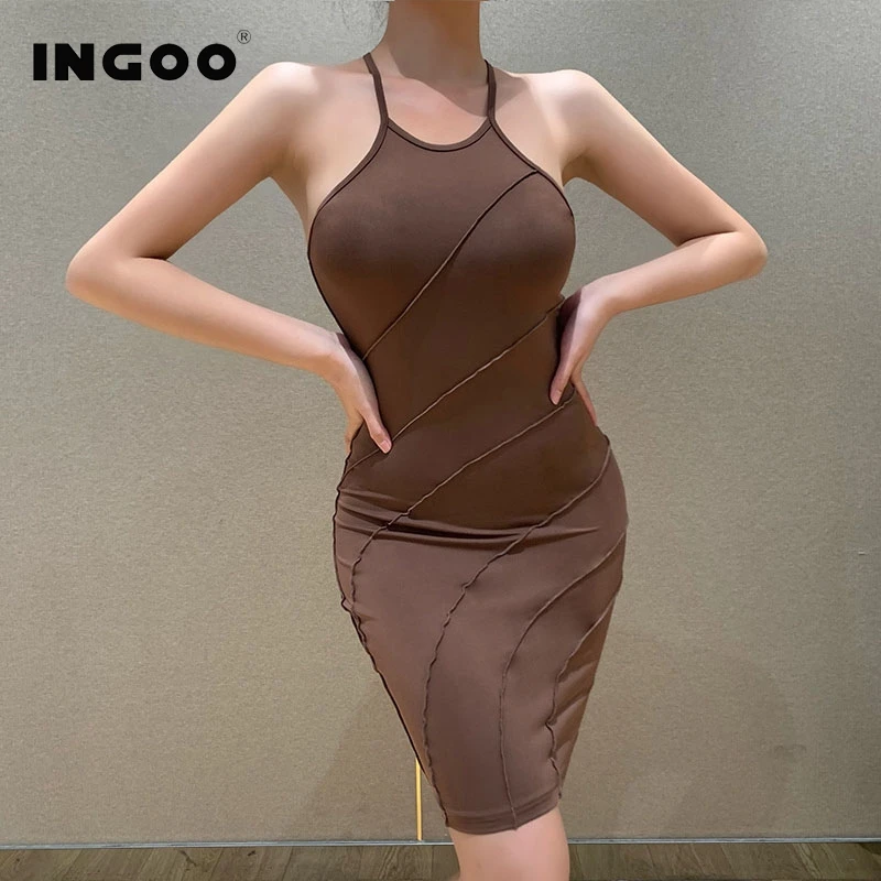 

INGOO Sexy Halter Bodycon Dress Women Backlesss Spaghetti Strap Sleeveless Clubwear 2021 Cross Bandage Party knee length Dresses