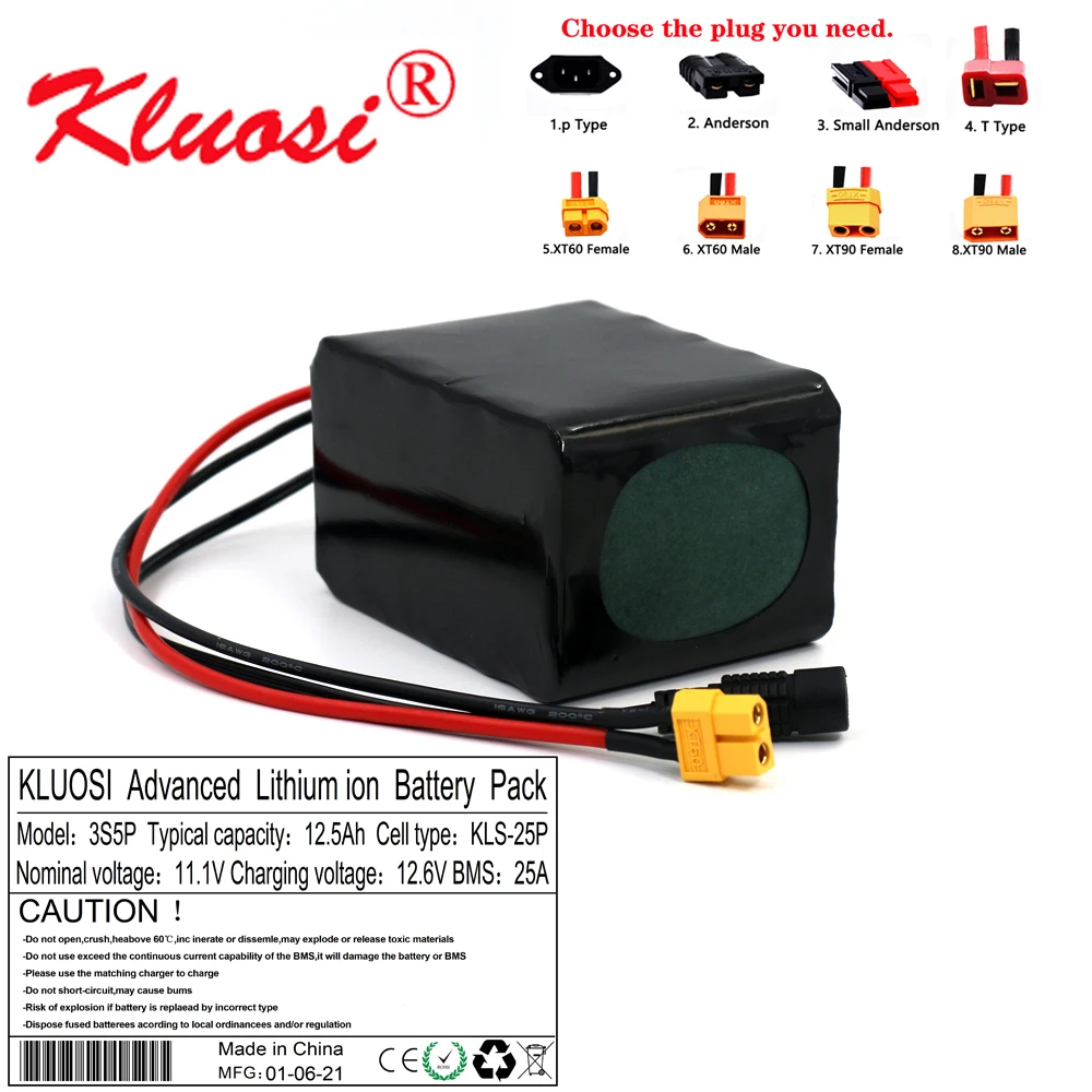 

KLUOSI 12V 12.5Ah 12Ah 3S5P 12.6V Lithium Battery Pack with 25A BMS 250W High Capacity for Motor Scooter Solar Energy Light Etc