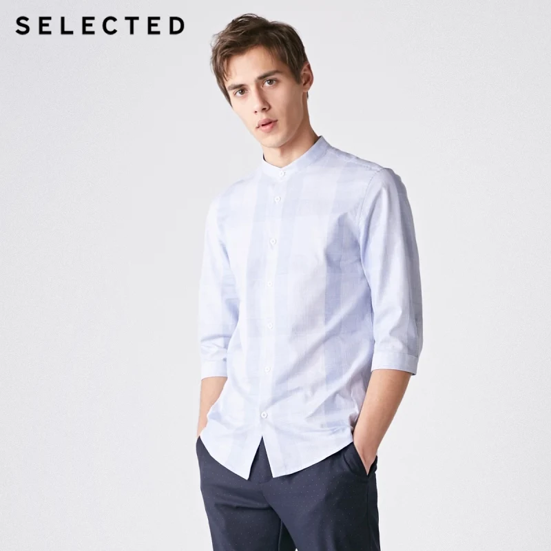 Мужская хлопковая рубашка в клетку со стоячим воротником облегающая