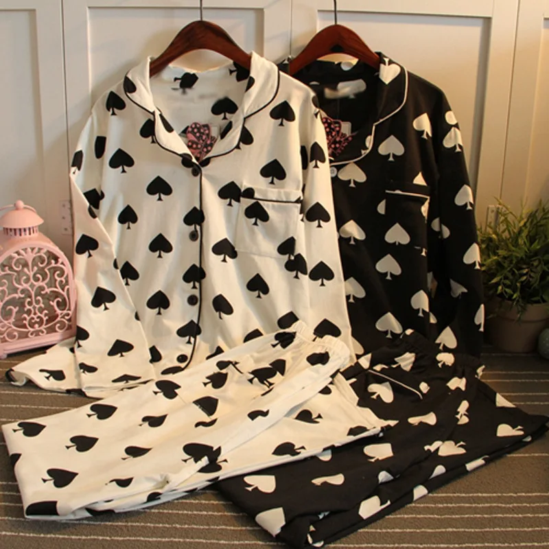 

Spring Autumn Print Pajamas Set 2PCS Cardigan Casual Sleepwear Full Sleeve Nightwear Female Button Nightclothes Turn Down Collar