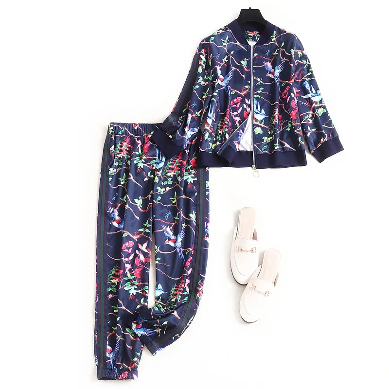 

Fashion Designer Set Spring Autumn Women Long sleeve Zipper jacket Tops+Trousers Casual Motion Two-piece set