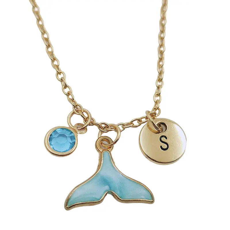Blue Mermaid Tail Initial Letter Monogram Birthstone Gold Necklace Fashion Jewelry Women Gifts Christmas Accessories Pendant