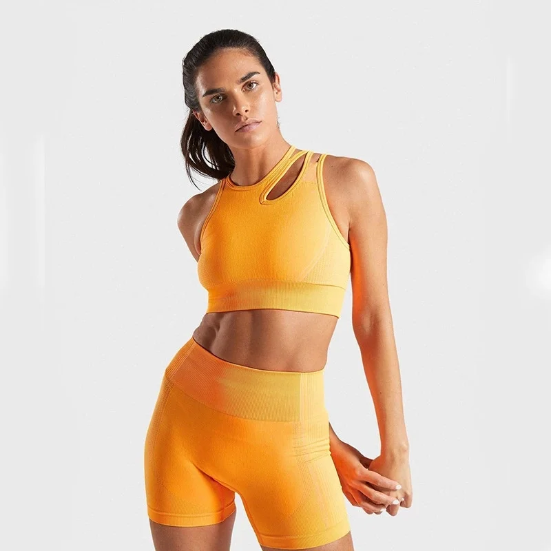 

2021 New Arrivals Women Yoga Set Two Pieces Comfortable Seamless Knitted Hip Lift Fitness Sports Casual Bra and Shorts Suit