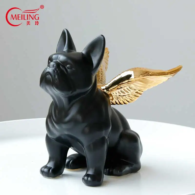 Черная статуя французского бульдога с золотым крылом керамическая статуэтка для
