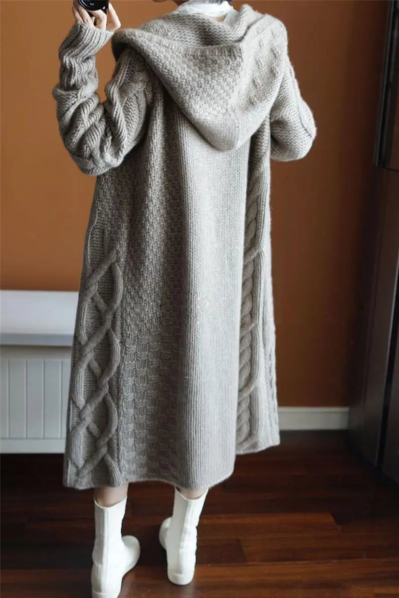 

2020 Cardigan Women Solid Real Promotion Full Poncho Autumn And Winter Loose Hooded Long Thick Cashmere Female Coat Overcoat