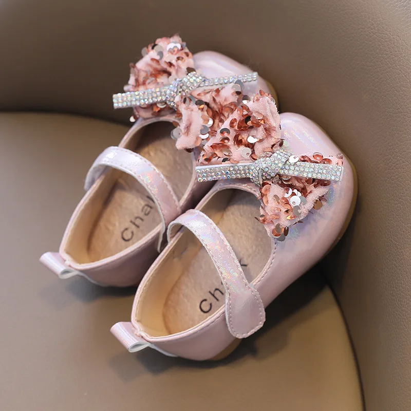 Zapatos de princesa con lentejuelas y lazo para ni&ntilde;as peque&ntilde;as, zapatillas de moda coreana, zapatos de piel sint&eacute;tica para beb&eacute;s, novedad de primavera-4