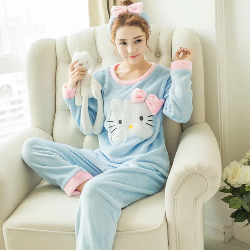 Зимняя фланелевая теплая пижама в Корейском стиле; kawaii; пижамный комплект из кораллового флиса; Пижама mujer; повседневная домашняя одежда; пижамы для женщин; одежда для сна