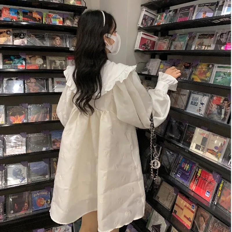 

KUSAHIKI Peter Pan Collar Jacquard Dresses Women 2021 Spring Puff Sleeve Vestidos Causal A-line Femme Sweet Women Dress 6F740