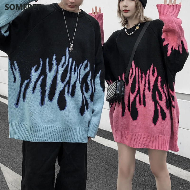 

Autumn and winter flame print sweater men and women couple coat loose knit sweater round neck top sweater comfortable pullover