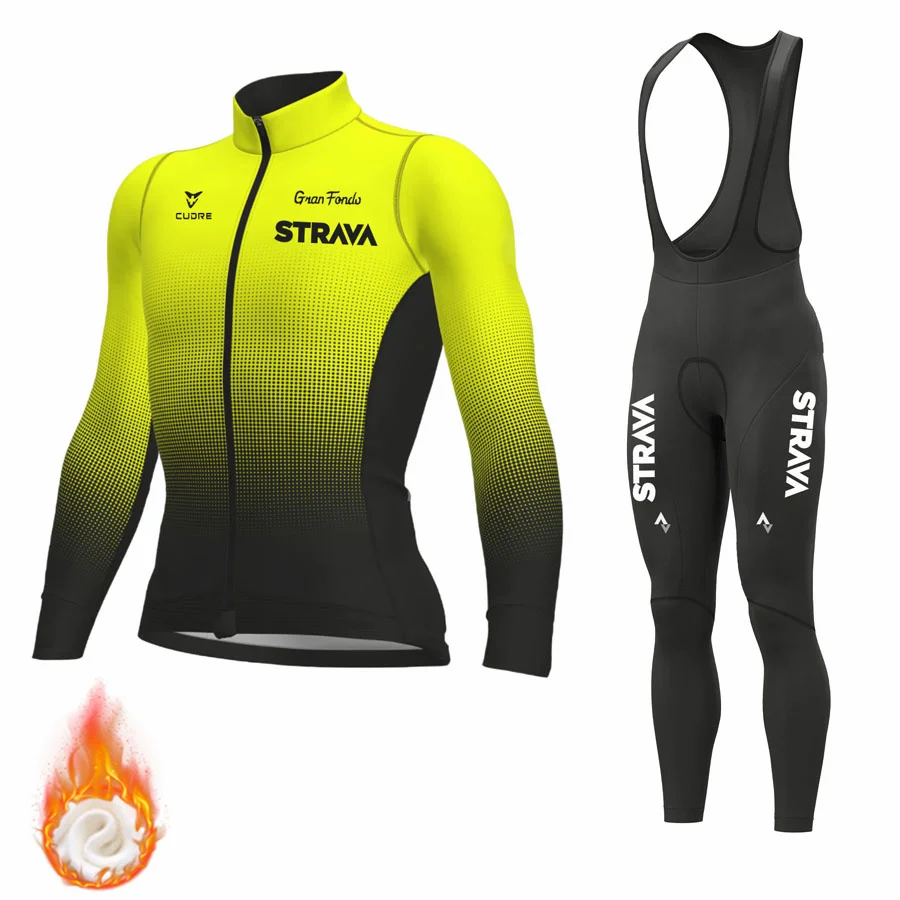 

New STRAVA Winter Thermal Fleece Cycling jersey Suit Men Sport Riding Bike MTB Clothes Set Bib Pants Maillot Ciclismo Hombre