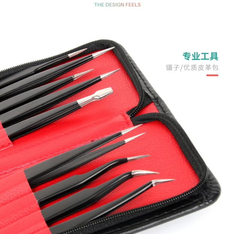 9pcs Stainless Steel Anti-Static Eyelash Tweezers Tool Kit With Leather Case Grafting Extension Eyebrow Forceps | Красота и здоровье