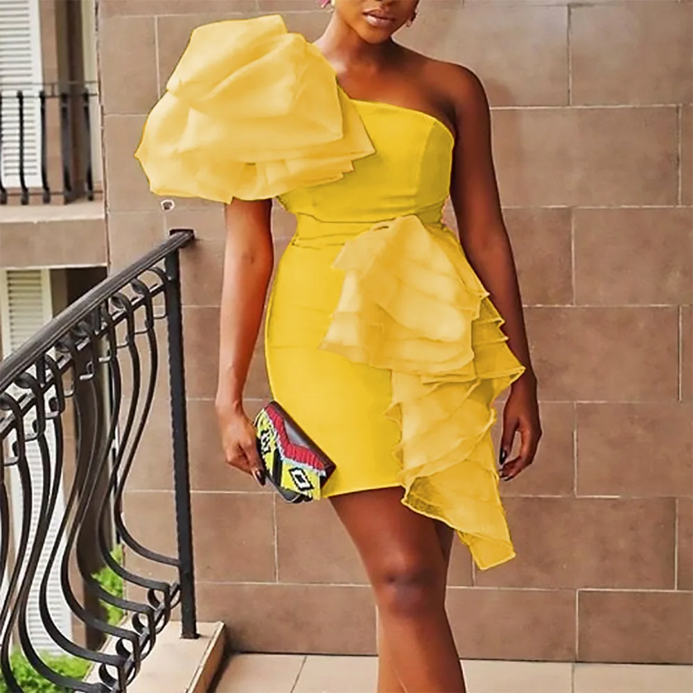 

Новинка 2021, модное женское сексуальное вечернее платье на одно плечо с оборками из органзы в стиле пэчворк