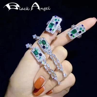 black angel new 100 handmade 925 sterling silver jewelry sets luxury emerald gemstone long earrings wedding adjustable rings