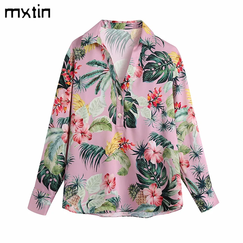 

MXTIN 2021 Women Spring Fashion Floral Print Blouses Vintage Lapel Collar Long Sleeve Office Lady Female Shirts Casual Tops