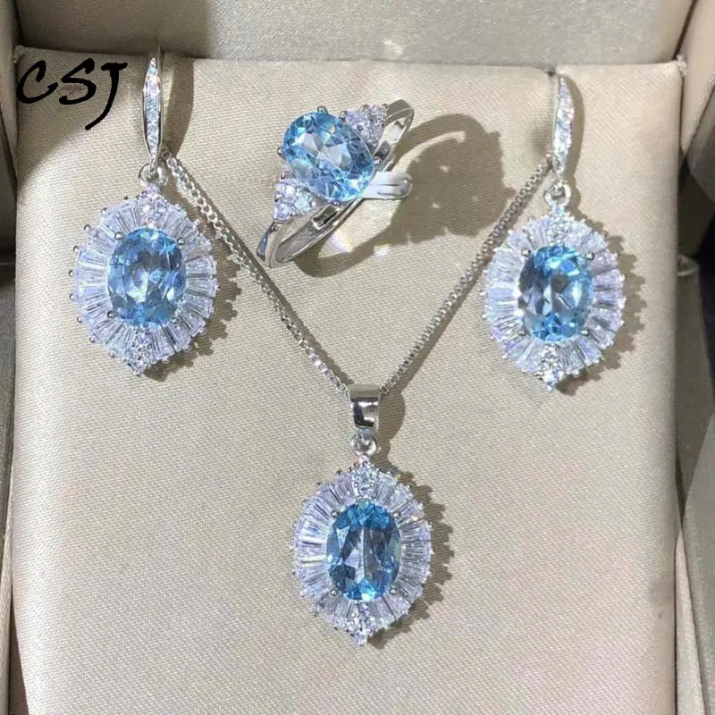 

CSJ Natural Sky Topaz Jewelry Sets Sterling 925 Silver Amethyst Garnet Tanzanite Gemstone 7*9mm for Women Party Birthday Gift