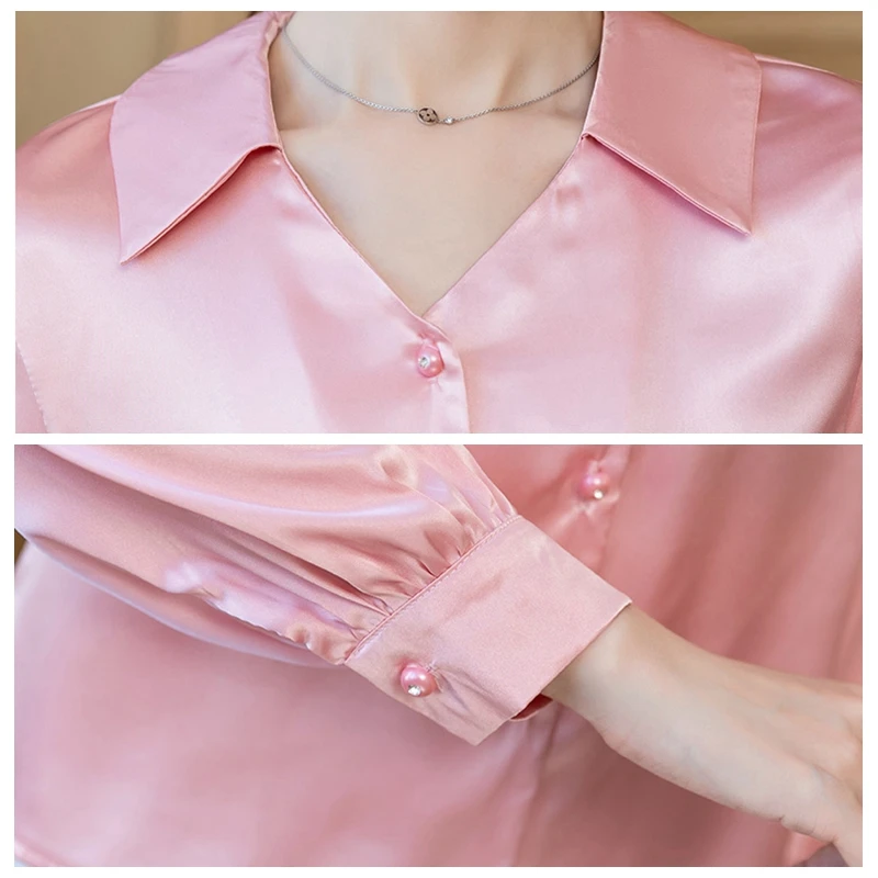 

New Design Women's Tops Fashion Diamond Buttons Satin Silk Shirt Women Blouse Elegant Office Ladies Work Shirt Female Clothes