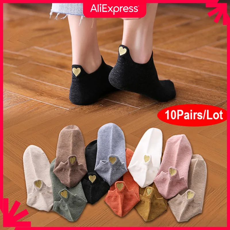 

10 Pairs/Lot Fashion Socks Women New Spring Cotton Color Novelty Girls Cute Heart Embroidery Casual Funny Cats/Dogs Ankle Socks