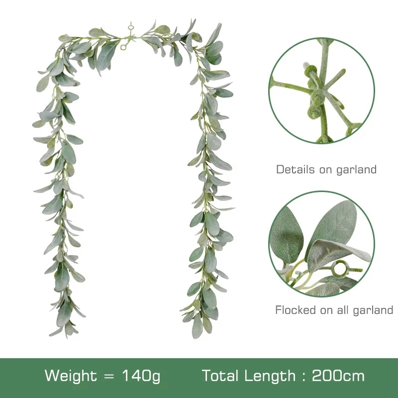 

Artificial Flocked Lambs Ear Garland - 2Meter Soft Faux Vine Greenery and Leaves for Farmhouse Mantel Decor