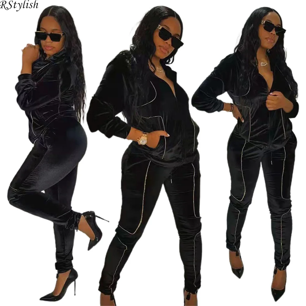 

RStylish Winter Velvet Two Piece Set Women Tracksuit Zipper Jacket Top And Skinny Pants Casual Sport Matching Sets
