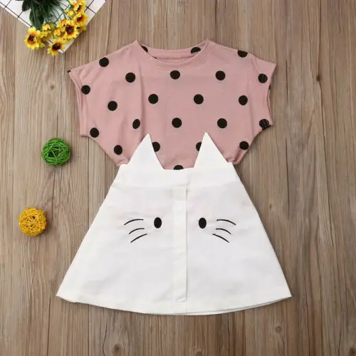 Fashion Toddler Baby Bibs Girls Cute Soft Cotton Outfit Dot T-shirt Tops + Cat Skirt Summer 2Pcs Children Clothes Set | Детская одежда