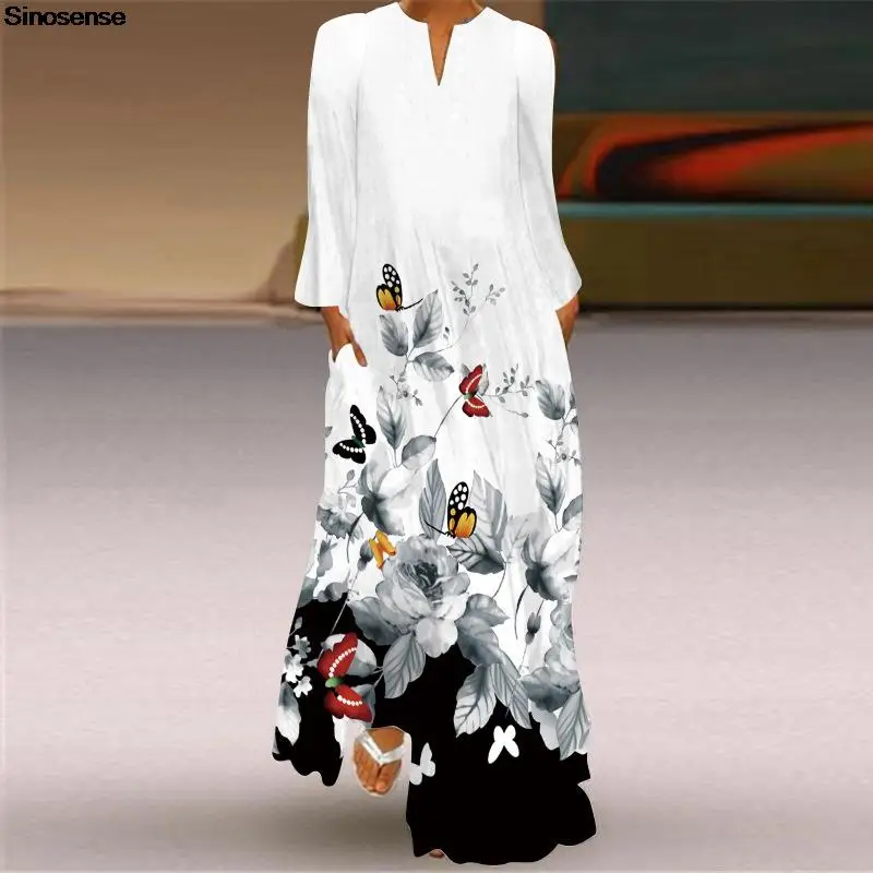 

Женское винтажное платье макси в стиле бохо, Длинное свободное платье-трапеция с цветочным принтом, длинным рукавом и V-образным вырезом, эл...