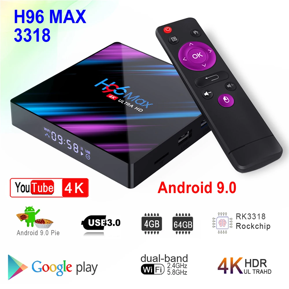 H96 MAX 3318 Android 9,0 Smart tv Box Rockchip RK3318 4 Гб ОЗУ 64 Гб ПЗУ BT4.0 USB3.0 2,4G 5G двойной wifi 3D 4K HDR медиаплеер
