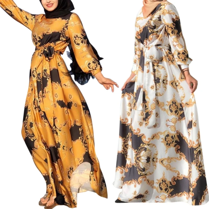 

Women Muslim Puff Long Sleeve Maxi Dress Vintage Floral Print Belted High Waist Islamic Abaya Robe Party Loose Kaftan