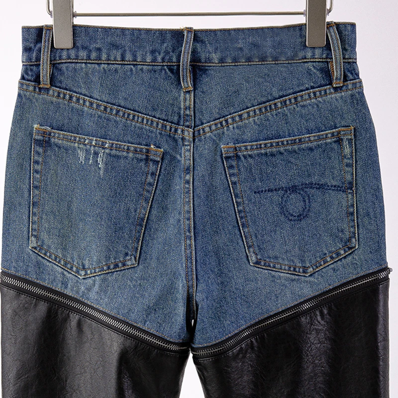 

[EAM] Zipper Denim Spliced Pu Contrast Color High Waist Trousers New Loose Fit Pants Women Fashion Spring Autumn 2021 1DD3852