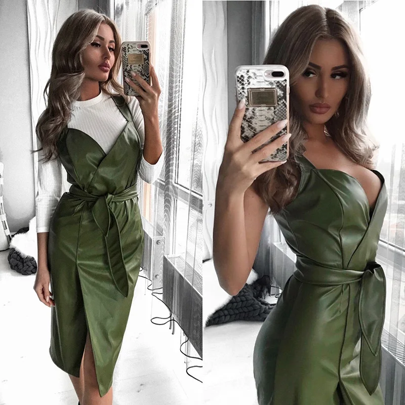 

Women Sashes Pu Leather v Neck Sexy Dress Zipper Spaghetti Strap Split Knee Length 2019 Autumn Winter Fashion Dress Vintage