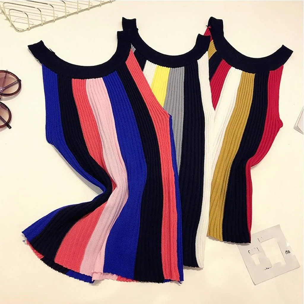 

Women Tank Tops Summer Casual Sleeveless Vest O-Neck Patchwork Striped Slim Tops Knitted underwear Clothes cropped feminino