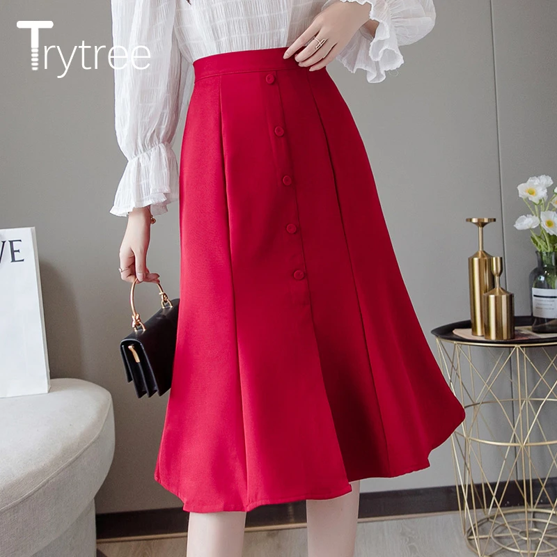 Trytree осень зима женская повседневная юбка сплошной Полиэстер высокая талия