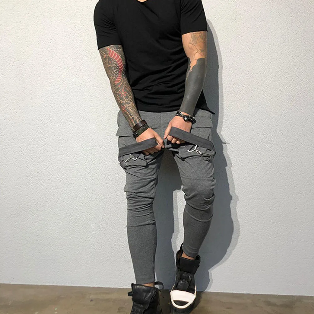 

2021 new hip-hop jogger overalls men's harem pants multi-pocket ribbon men's sports pants streetwear casual men's pants