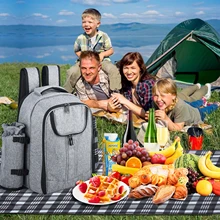 Picnic Backpack For 4 People (Grey) Picnic Set Including Bottle Holder And Fleece Blanket Large Cooler Compartment Waterproof