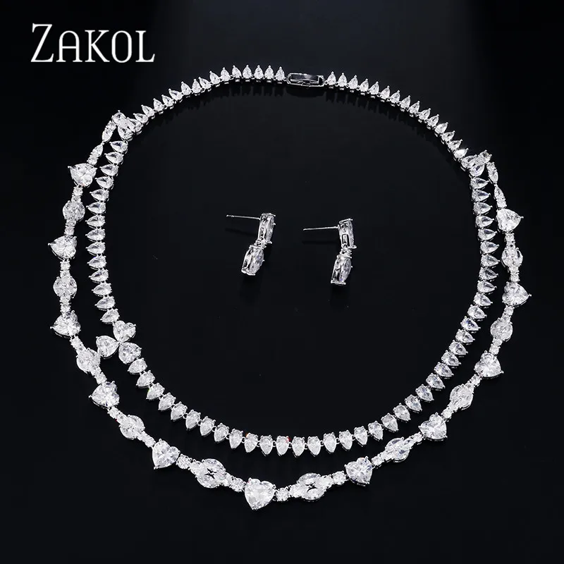 ZAKOL роскошные циркония Женские Ювелирные наборы многослойное ожерелье в форме цветка Комплект сережек для женщин вечерние FSSP384