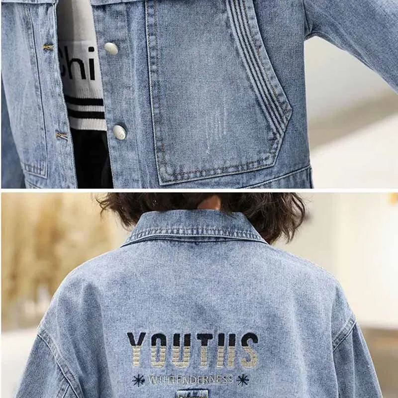 

2021 Spring Autumn Fashion Student Denim Short Jacket Simple Letter Embroidery Top Women Loose Jean Outwear Street Style