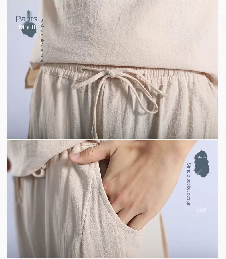 

Summer Boys Men's Cotton and Linen Sets Chinese Style T-shirt Bottoms Retro Disc Button Comfortable Kung Fu Tai Chi Suit for Men