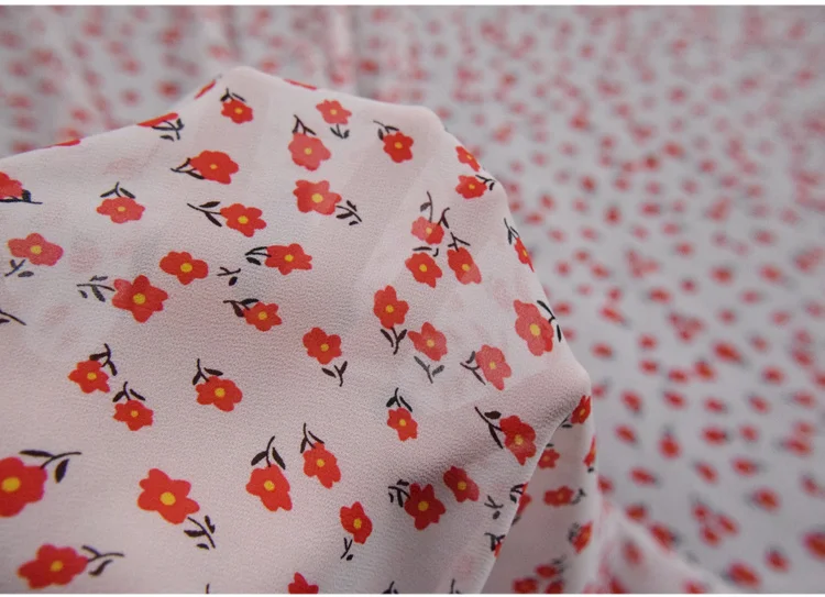 

White Bottom Small Red Flower Floral Chiffon Yarn Fabric Dress Shirt Sun Protection Clothing Girls Clothing Handmade DIY Fabric