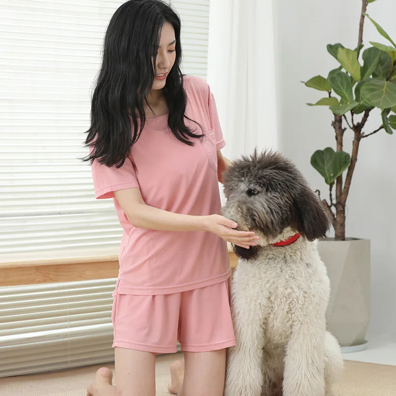 

2021 new pajamas ladies ice silk line home service simple casual pocket pajamas suit summer fashion short-sleeved shorts two pie