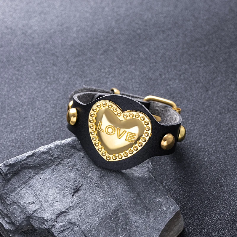 

Punk Black Leather Wrap Bracelet Vintage Gold Love Heart Lion Charms Bracelets Bangles For Men Hip Hop Jewelry