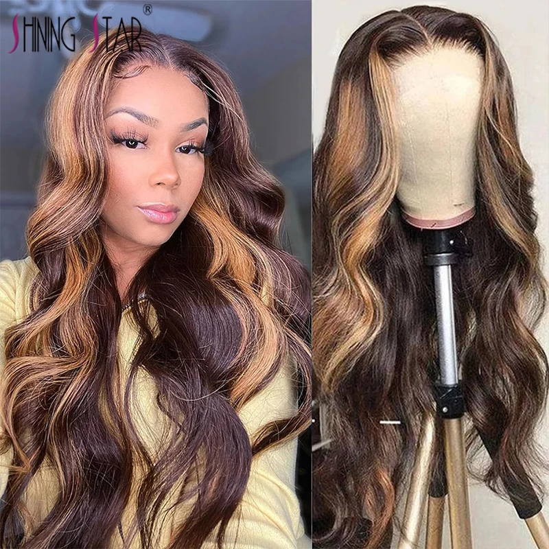 

Highlight Wig Brown Blonde Lace Front Human Hair Wigs Peruvian Ombre Hair Remy Body Wave 13*1 HD Lace Front Wig For Woman 180%