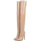 Женские эластичные сапоги до бедра, привлекательные бежевые Сапоги выше колена, женские осенние кожаные длинные сапоги с острым носком на высоком каблуке, женская обувь для зачистки