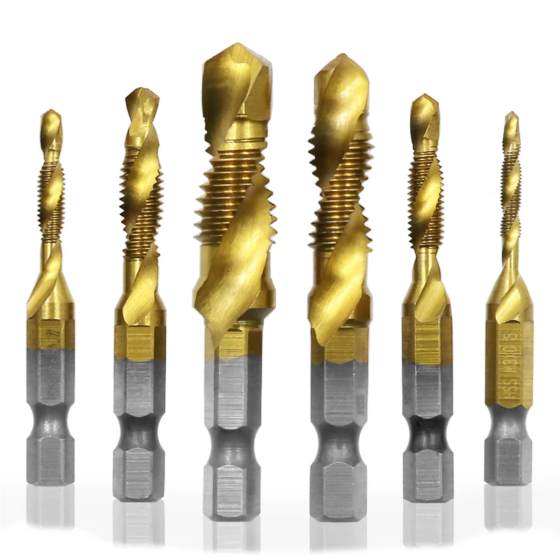 

Profession Tap Drill Bit Tools Titanium Plated HSS Machine M3 M4 M5 M6 M8 M10 Metric Spiral Groove Drilling Repair Hex Shank