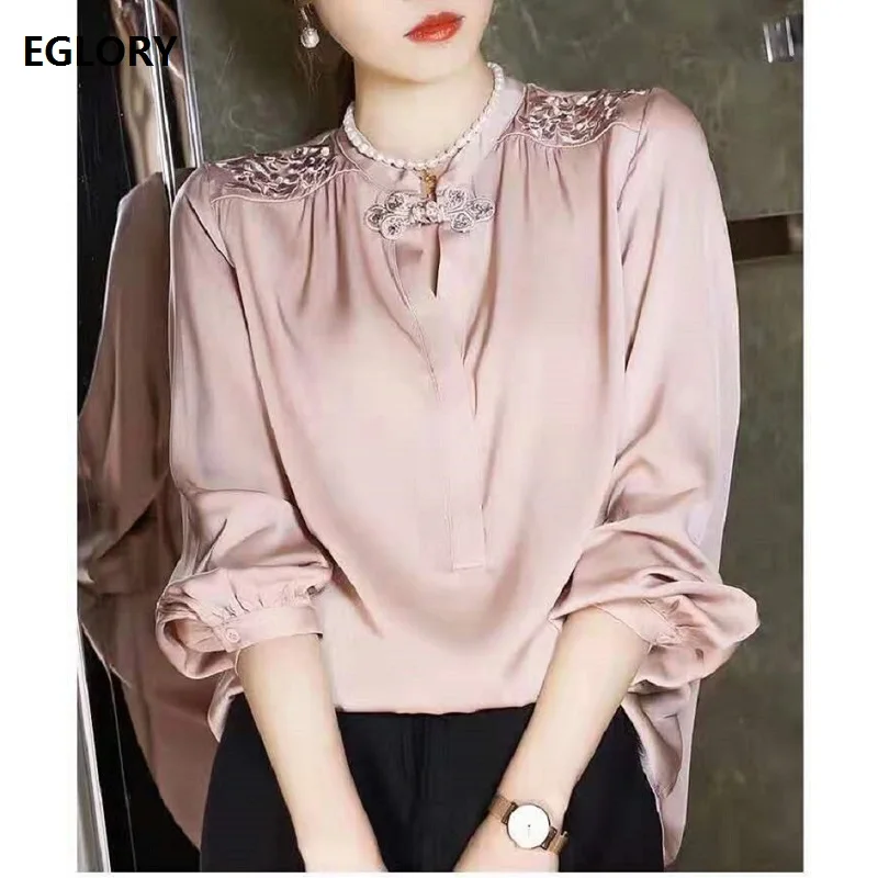 Женская шелковая блузка с вышивкой элегантная белая или розовая длинным рукавом