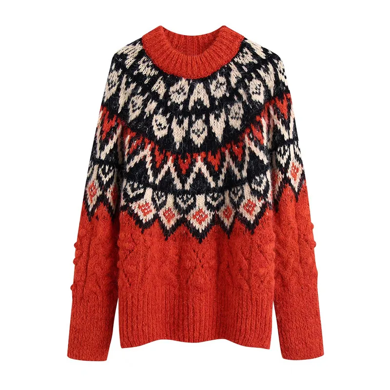 

Evfer Womens Fashion Knitted Patchwork Print Red Long Pullover Tops Female Casual O-Neck Long Sleeve Loose Za Sweaters