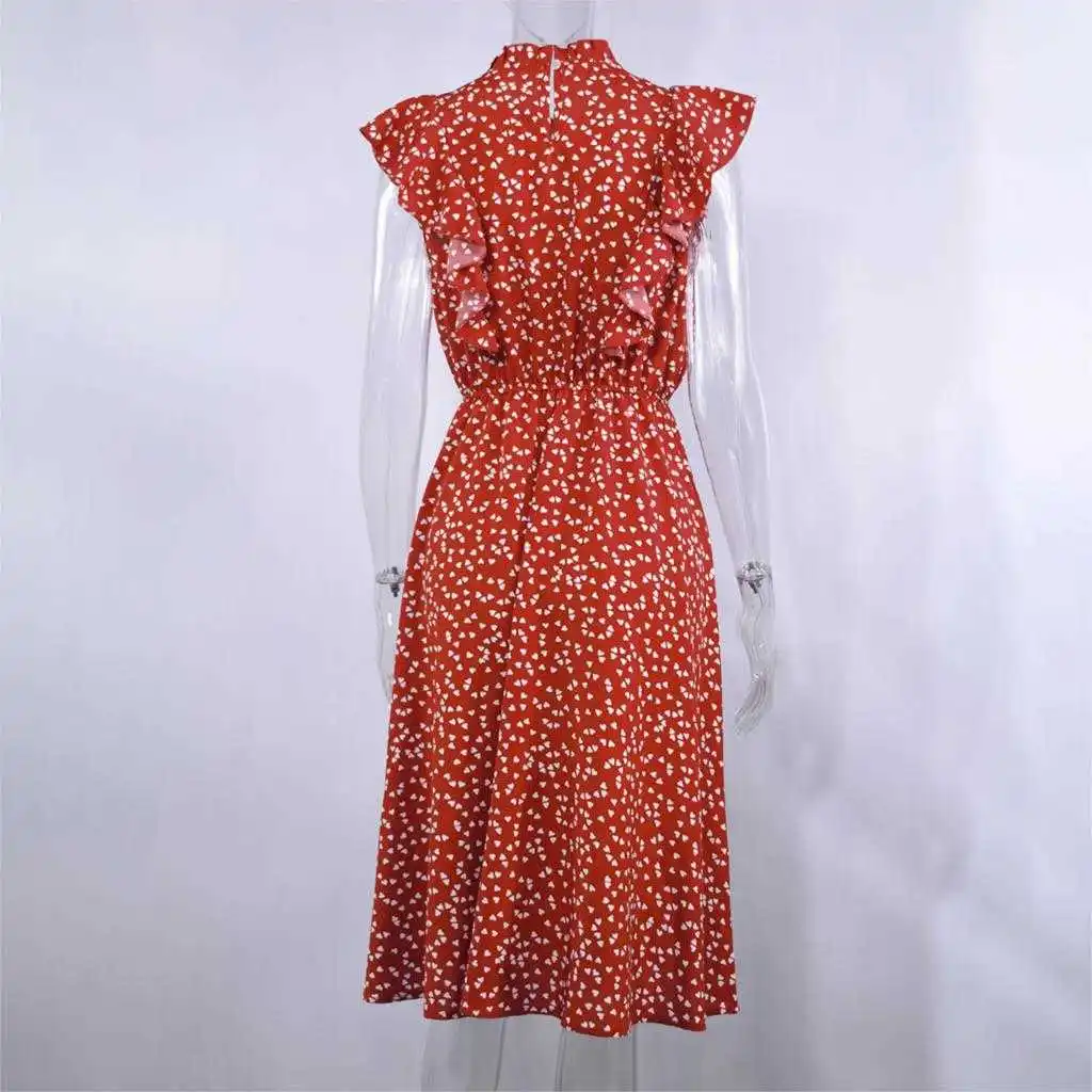 

Chiffon Dress Women Elegant Summer Floral Print Ruffle A-line Sundress Casual Fitted Clothes To Knees Red Dresses For Women