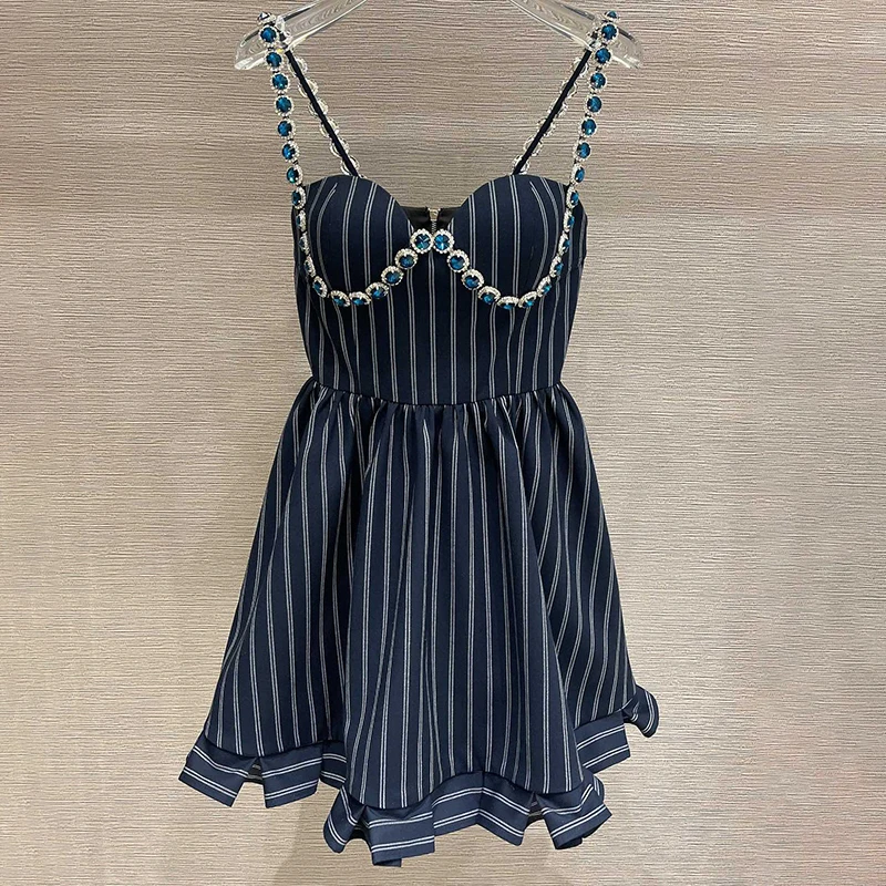 

VGH Vintage Striped Sling Dress For Women Square Collar Sleeveless Patchwork Mini Dresses Female New 2021 Summer Fashion Clothes