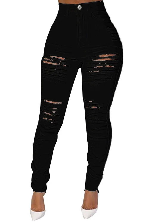 

HAOOHU women's ripped jeans pants large size fashion casual trends solid high waist tight stretch hole retro full pencil pants
