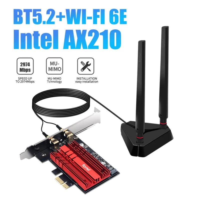 Fenvi 3000 Мбит/с Intel AX210 Wi Fi 6E Адаптерная плата PCIe Bluetooth 5 2 Dual Band 4 г/5G/6 ГГц 802.11ac/ax Win10 MU MIMO