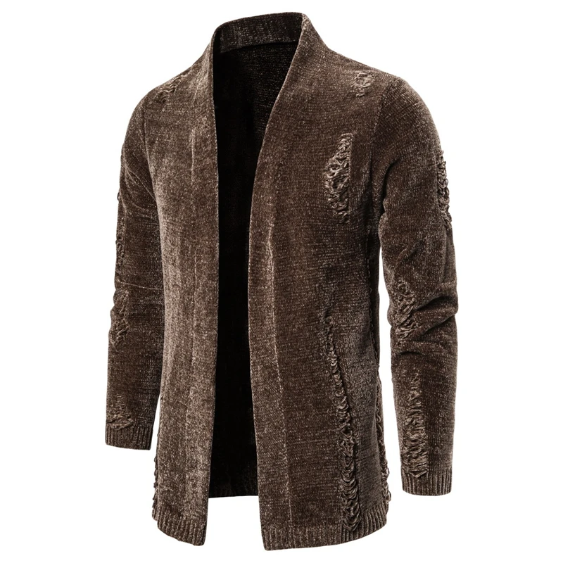 Мужская Уличная одежда плотный теплый длинный кардиган с дырками ветровка