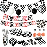racing cars checkered flag paper cake topper black white plaid theme party disposable tableware baby shower birthday decorations